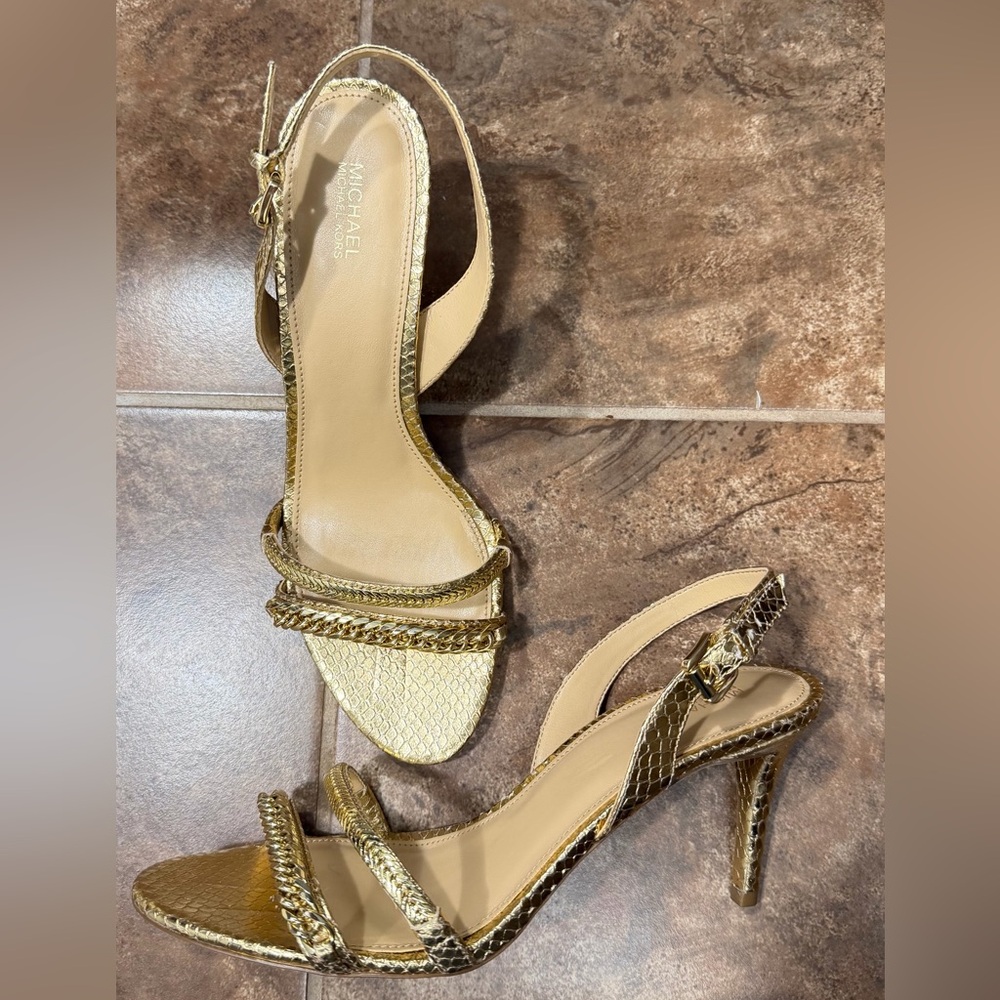 Michael Kors Gold Chain-Trim leather Slingback Heels